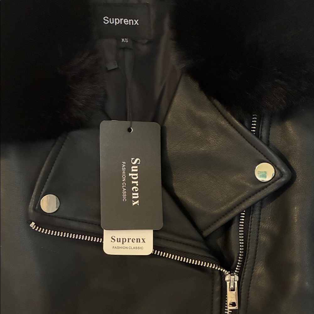 Black Faux Leather Moto Jacket with Fur Collar - Picture 2 of 4